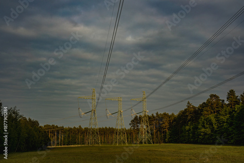 High voltage electricity transmission lines running through forest and open field, energy infrastructure in natural landscape. Power distribution, grid connection and industrial energy concept.
