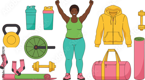 Fitness workout illustration set with confident woman exercise equipment sportswear and gym accessories in colorful flat vector style