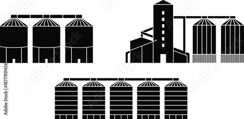 Modern black agricultural grain silos and storage elevators icons for farming harvesting and industrial manufacturing business operations grain processing facilities illustration agribusiness and supp