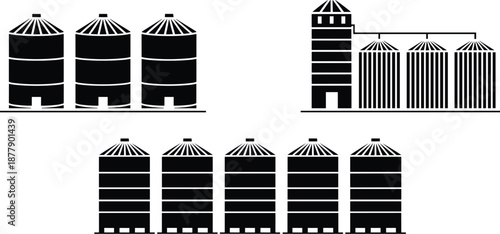 Modern black and white grain silos and elevators agricultural storage illustration minimalist style for farming industry agribusiness crops harvesting rural landscape architecture industry food produc