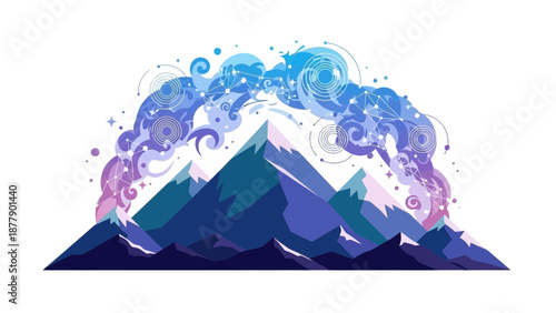 Colorful abstract mountain landscape with swirling clouds and vibrant hues.