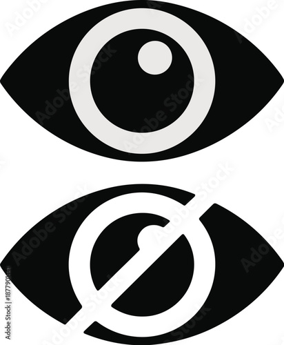 Simple black eye icons depicting visibility states with one eye open and the other crossed out representing hidden or private content for user interface design elements in technology and data security