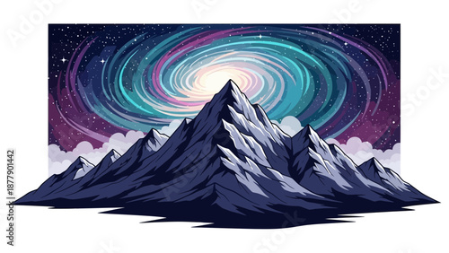 Majestic mountain peak under a vibrant swirling galaxy sky.