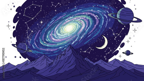 Vibrant Galaxy Illustration with Celestial Bodies and Mountains.