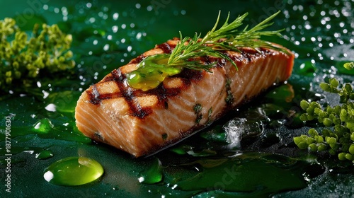 Wallpaper Mural Grilled Salmon Fillet with Herb Oil and Fresh Rosemary Garnish Torontodigital.ca