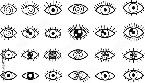 Hand drawn eye icon set with various shapes lashes and expressions in minimal black line flat vector illustration