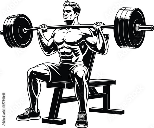 Strong muscular man lifting barbell on weight bench in gym black and white illustration intense workout exercise training bodybuilding fitness athlete strength power sport healthcare wellness lifestyl