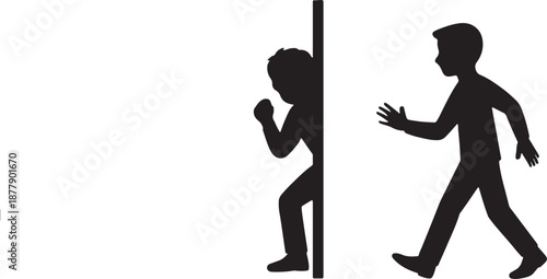 Black silhouette of person hiding behind wall to prank friend, playful concept, minimal flat vector"