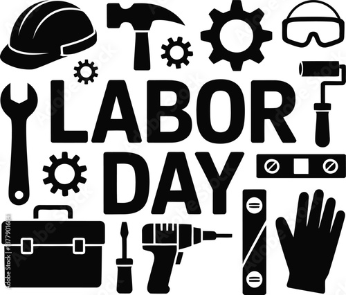 Labor Day text with industrial tools and construction icons