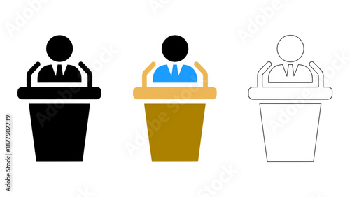 Speaker podium leadership public speaking presentation icon set solid, line, and colourful styles