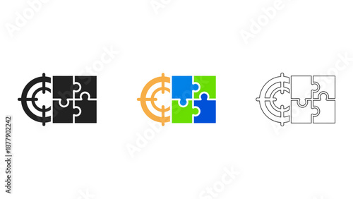 Solid, line, colourful target puzzle icon set problem, solution, strategy, goal, focus for business challenges