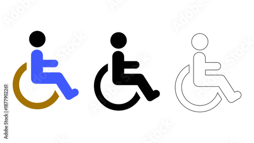 Wheelchair accessibility disability symbols solid, colourful, and line art icons for inclusive design