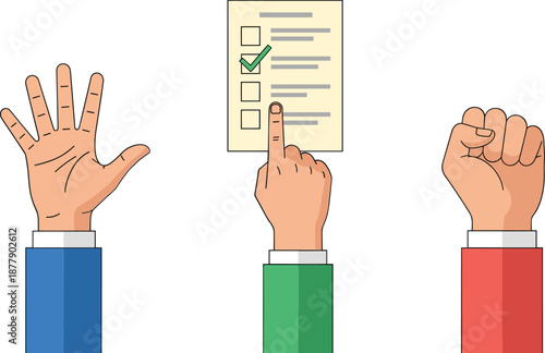 Hand gesture illustration set showing open palm checklist selection and clenched fist for choice voting and decision concepts