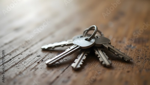 Set of silver keys on a wooden surface