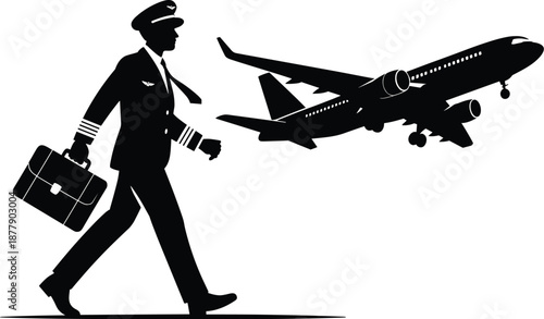 Professional airline pilot silhouette walking with briefcase in front of airplane taking off for international travel business trip representing career aviation industry transportation concept commerc