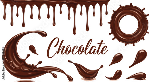 Chocolate Splash and Drip Illustration Set with Liquid Cocoa Elements, Swirls, Drops, and Decorative Shapes for Dessert and Food Designs
