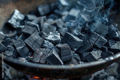 Close up of charcoal briquettes smoldering and emitting smoke, ready for grilling