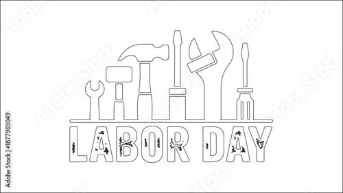 Labor Day text with various worker hand tools outline