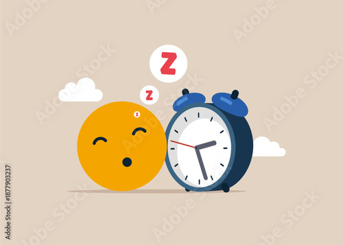 Wasted time and slow life. Lazy sleepy smiley sleeping atop clock, unwilling to work. Modern flat vector illustration