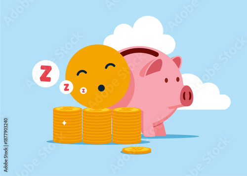 Sleepy smiley on a pile of coins and a piggy bank. Finance, saving money.  Modern flat vector illustration