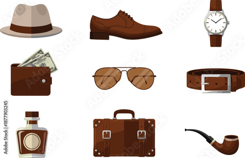 Classic Men Accessories Vector Illustration Set Featuring Hat, Leather Shoes, Watch, Wallet, Sunglasses, Belt, Briefcase, Pipe, and Cologne for Lifestyle Designs