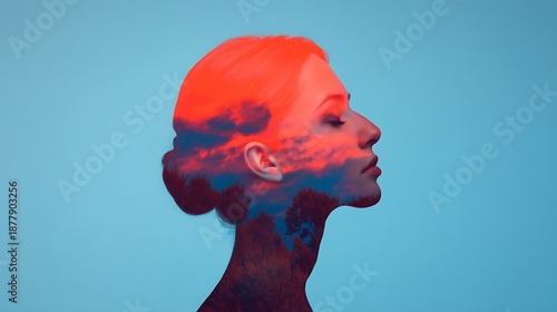 A serene profile silhouette blended with vibrant clouds, evoking a dreamlike atmosphere and a sense of tranquility.