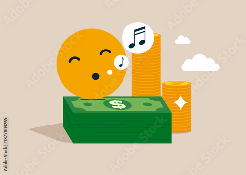 Rich sleepy smiley on pile of dollar money. Work happiness, enjoy working or career satisfaction. Earn investment profit. Modern vector illustration in flat style