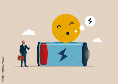 Businessman with sleepy smiley, with low battery. Burnout, overload. Fight burnout at work. Modern flat vector illustration.