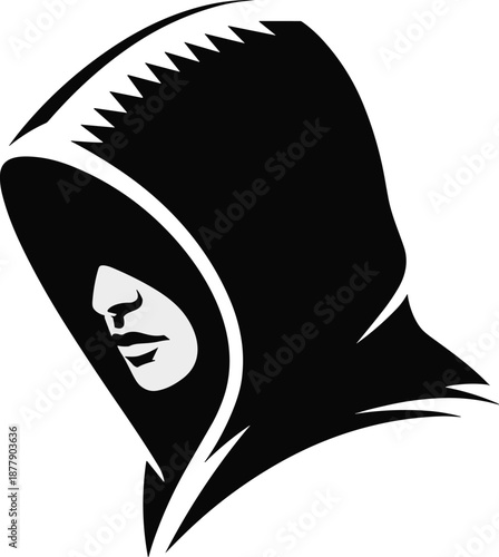 Mysterious hooded figure in shadow black and white vector illustration for crime thriller book cover design or dark fantasy game character concept featuring anonymity secrecy and suspense in a minimal