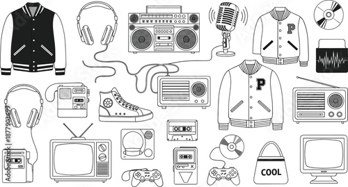 Retro vintage pop culture icon set with music gadgets fashion technology and entertainment elements in flat vector illustration