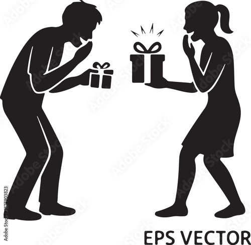 "Friends exchanging prank gifts, high-quality black vector"
