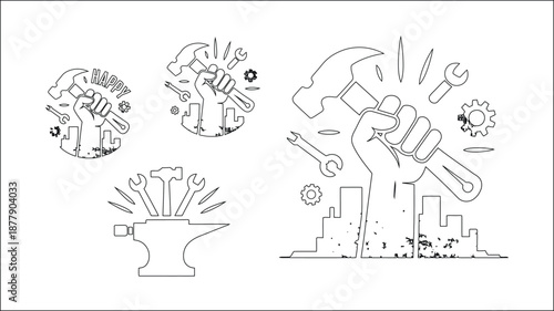 Labor Day worker emblems featuring fists, hammers, tools and city skyline