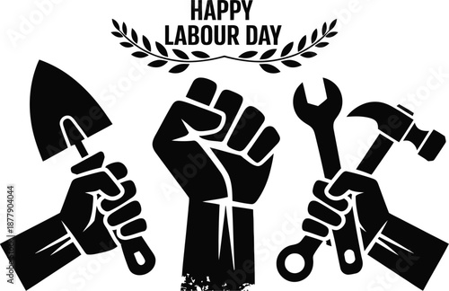 Labor Day vector graphic with worker tools and solidarity fist