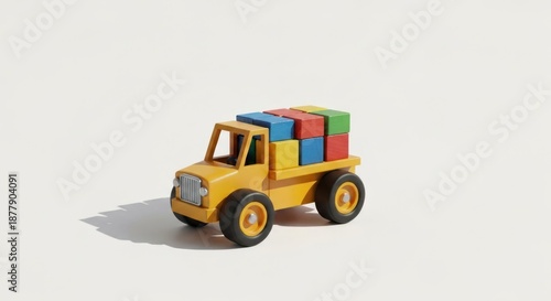 A stylized yellow toy truck carries a load of colorful wooden blocks on a white surface
