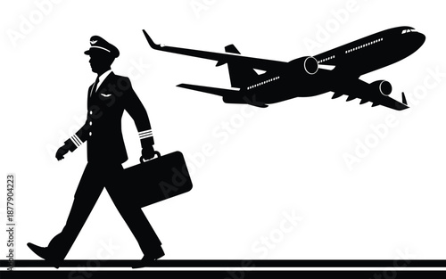 Silhouette of professional airline pilot walking with briefcase in airport with airplane taking off for international travel commercial aviation industry passenger flight for tourism business transpor