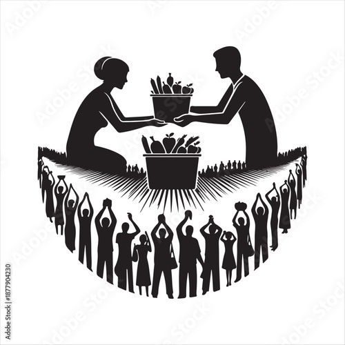 People donating food vector  silhouette outline logo design concept illustration