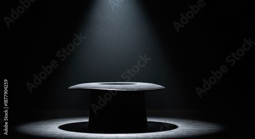 A top hat sits on a stage illuminated by a spotlight, shrouded in darkness