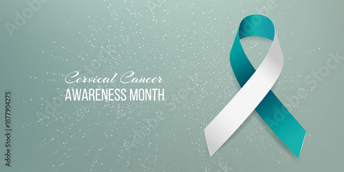 Cervical cancer awareness month banner with teal and white ribbon awareness and text. Vector illustration.