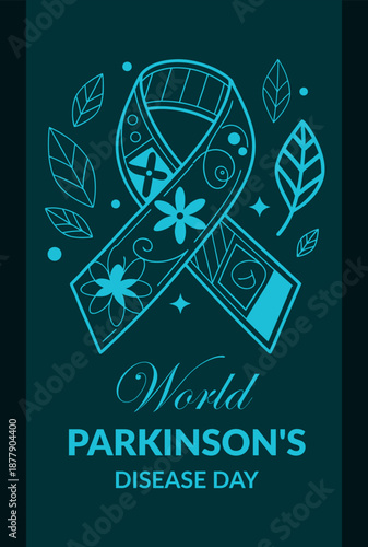 World parkinson's disease day awareness ribbon with symbolic floral and leaf elements