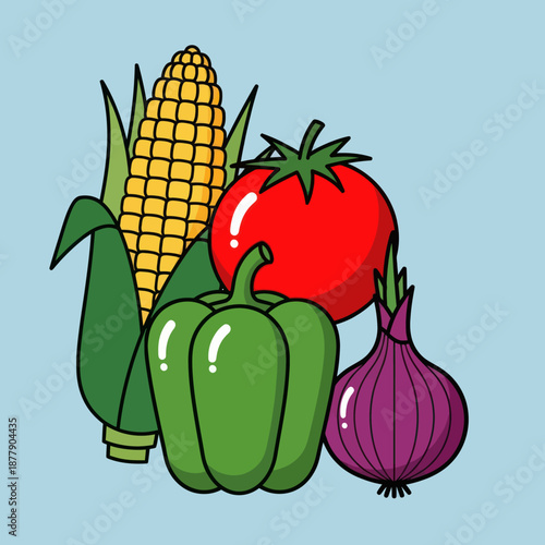 Fresh Vegetables Corn Tomato Pepper Onion.