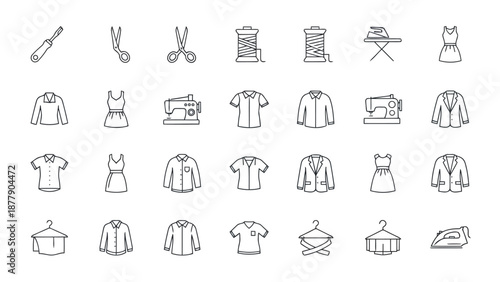 Line icons of sewing and fashion tools and clothing