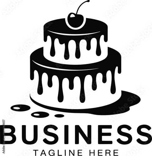 Delicious two tiered cake with cherry on top flowing chocolate frosting bakery shop logo design sweet dessert icon vector illustration for birthday party catering service restaurant menu confectionery