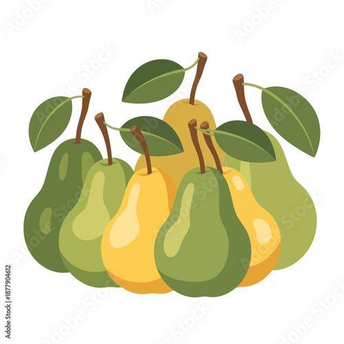 Group of Fresh Pears with Leaves.