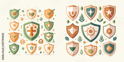 This set of arms icons features heraldic shields and medieval crest emblems designed as silver metal vector badges for secure protection and safety labels