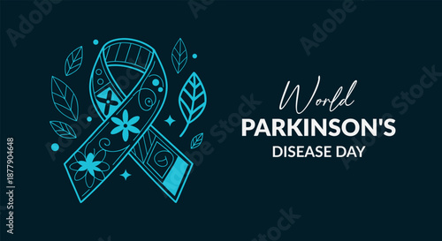 World parkinson's disease day: teal ribbon and leaves symbolizing awareness and support