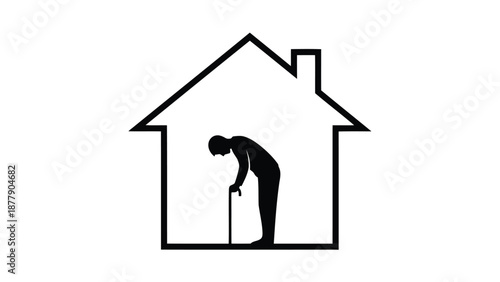 Elderly person with walking stick in a house silhouette