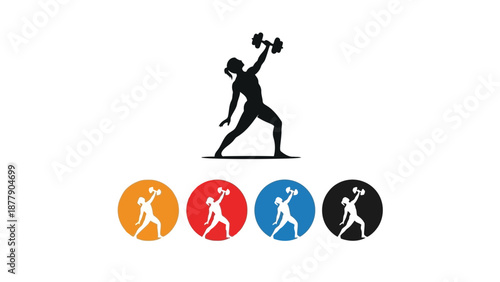 Fitness woman lifting dumbbells in dynamic poses and colorful backgrounds