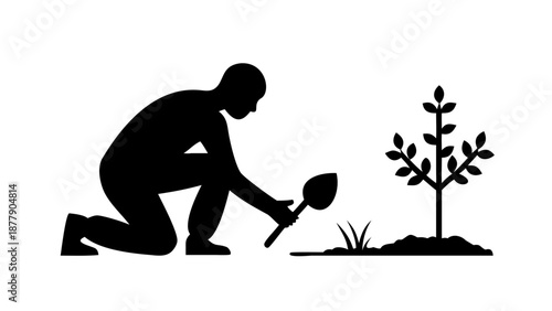 Silhouette of a person kneeling and planting a small tree, gardening hobby, environmental growth concept.