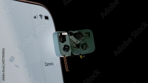 3D animation of a smartphone flying in as a camera app opens and reveals floating camera components. Concept of mobile photography, content creation, and camera technology. Alpha channel.