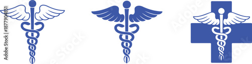 Blue caduceus and medical cross symbols